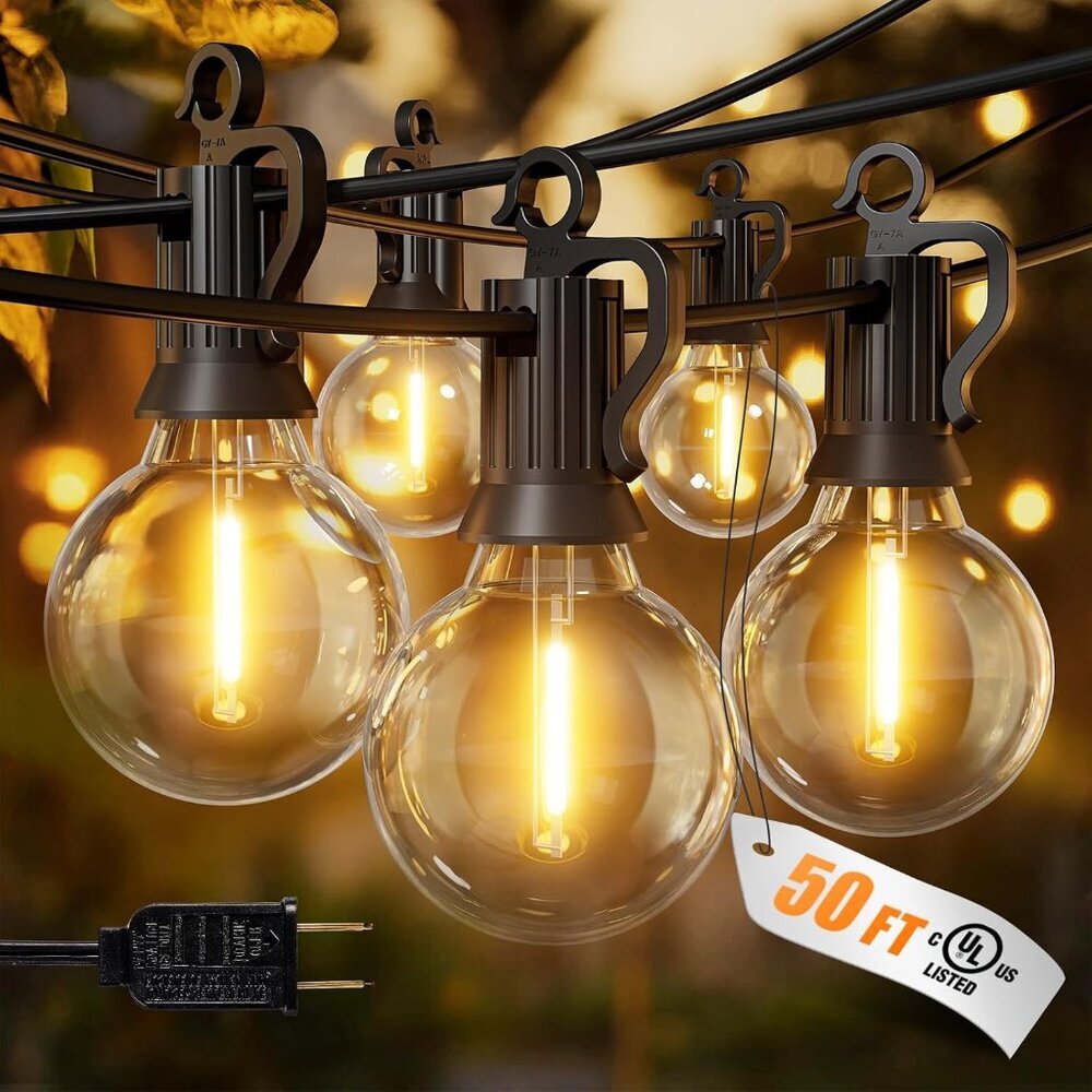 Outdoor String Lights, 50FT 25 G40 Bulbs Shatterproof Patio Lights, IP65 Waterpr